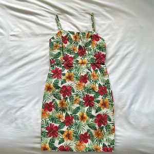 Island print body con dress